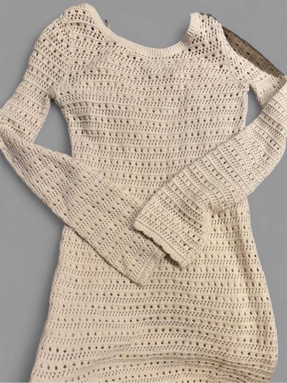 HOLLISTER-Cream Crochet Knit Long-Sleeve Dress